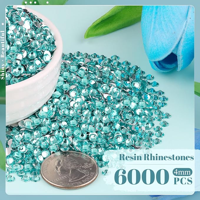 6000PCS 4mm Resin Rhinestones Bulk for Crafting (Lake Blue), Flatback Bedazzling Crystals for Crafts DIY Nail Decoration, Gems Charms for Tumbler Shoes Clothing Fabric with Pickup Pen and Tweezers