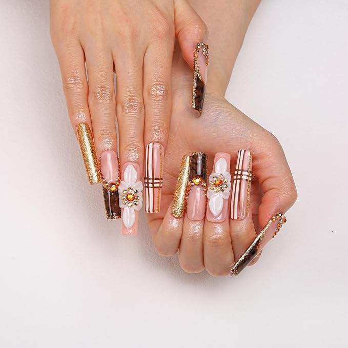 LOVFUL Press on Nails Luxurious Autumn Harvest| Handmade with Full Covered Crystals| Reusable Fake Nails| Square Mid length 1.7in| H344-L