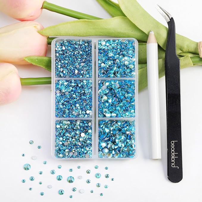 Beadsland 4300pcs Flatback Rhinestones,Blue Rhinestone Nail Gems Round Crystal Rhinestones for Crafts,Mixed 6 Sizes with Picking Tweezers and Wax Pencil Kit, SS6-SS20,Aquamarine AB