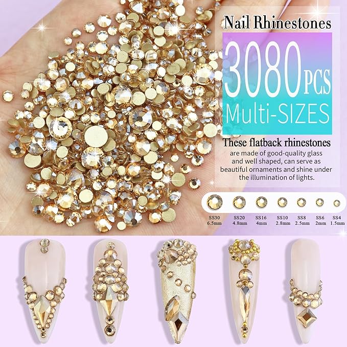 Dowarm 3200PCS Champagne Gold Nail Art Rhinestones, Round Flatback Rhinestones for Nails, Crafts, Golden Shadow Multi Shape 3D Glass Crystal Nail Gemstone Diamond