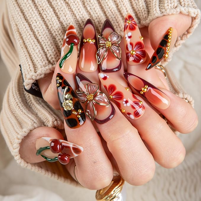 LOVFUL Short French Tip Press on Nails Vintage Cherry| Handmade Acrylic Press ons| Reusable Fake False Nails | Stiletto Classic Regular 1.3in | H722-S