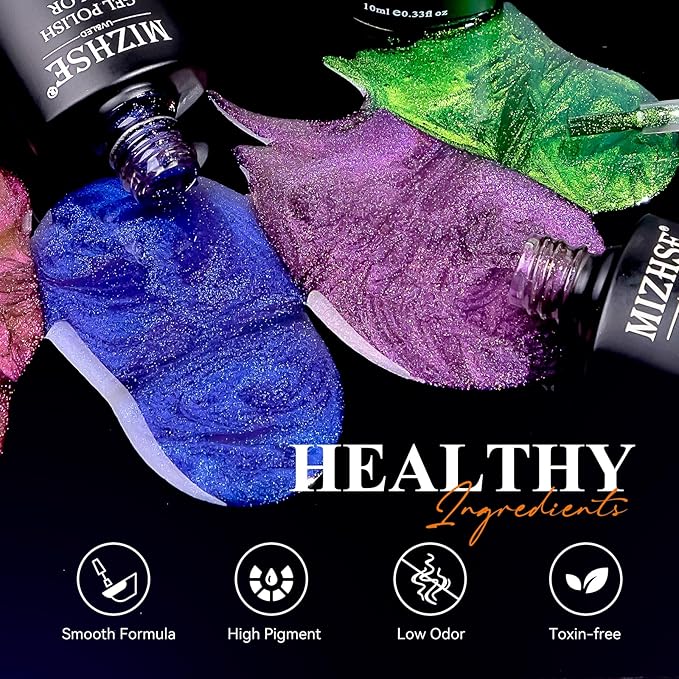 MIZHSE 60ml 9D Cat Eye Gel Nail Polish Set, Glitter Chameleon Magnetic Gel Nail Polish with Black Base Coat 2 Magnet Sticks, Galaxy Effect,Soak Off LED Nail Art Manicure Salon DIY Valentine's Gifts