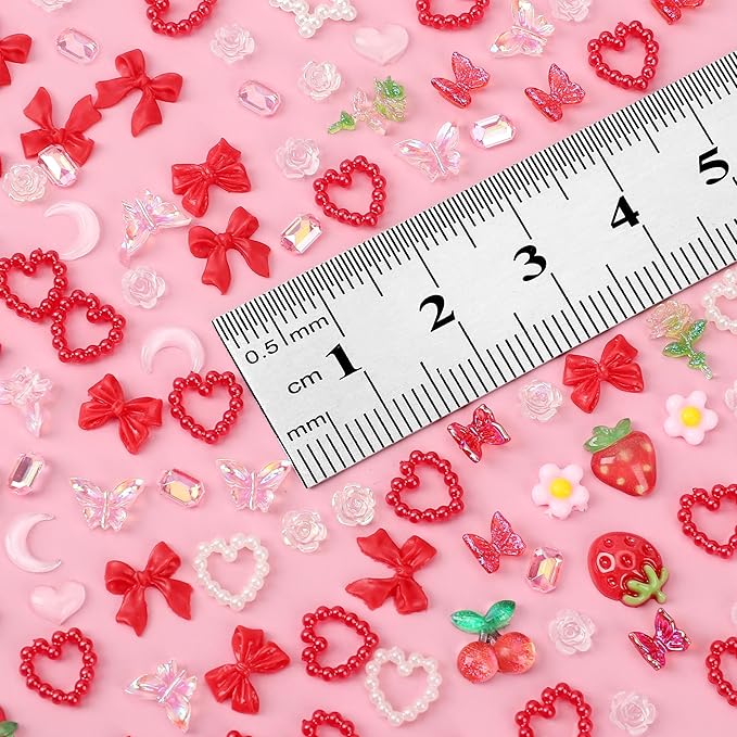 120 Pieces 3D Resin Strawberries, Butterfly Flower Nail Charms, Rose Flower Peach Bow Cherry Rhinestones, Heart Pearls for DIY Nail Art Decoration Making Craft (Red)