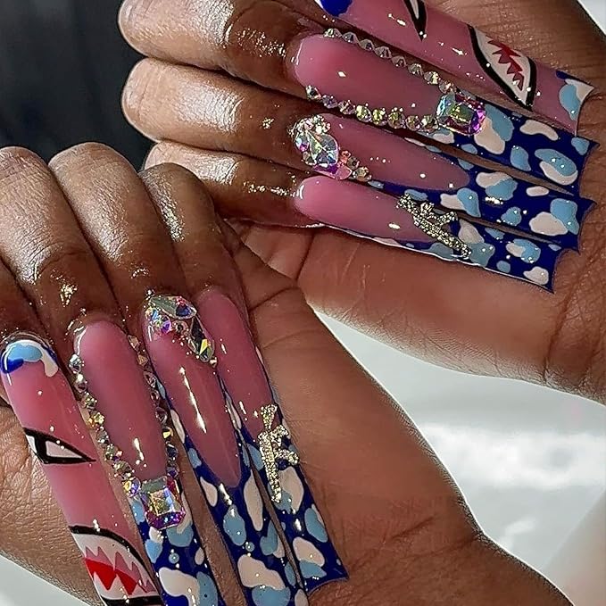 Extra Long Press on Nails Square Fake Nails Blue French Tip Acrylic Nails with Gorgeous Patterns Designs False Nails Rhinestone Glue on Nail for Women 24Pcs