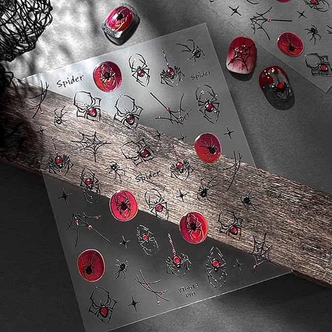 Halloween 5D Embossed Nail Art Stickers Decals Spider Gem Nails Sticker Spider Web Nails Decal Self-Adhesive Nail Art Decals for Women Halloween Decor