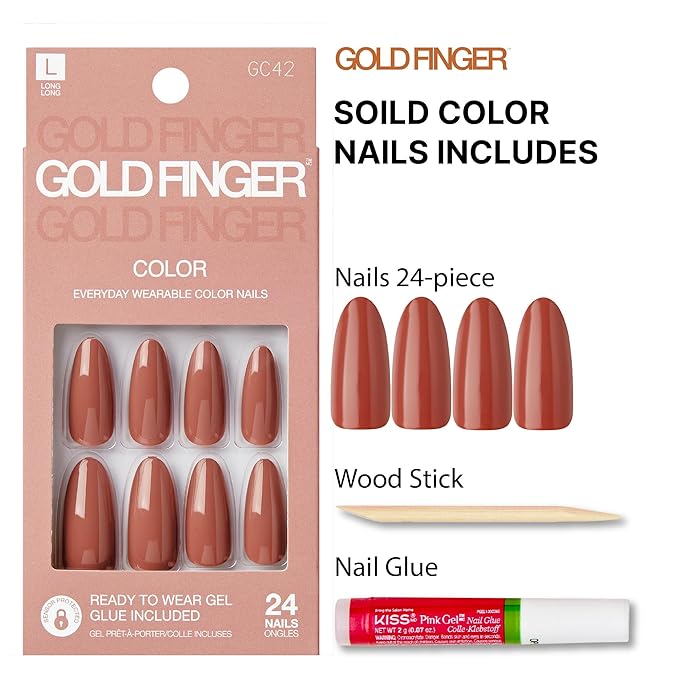 GoldFinger False Nails Kit, Ready to Wear Brown Fake Nails, Manicure Stick and Glue Included, Long Oval Shape, Long-Lasting Hottest Trend Glue on Nails, Convenient & Easy to Apply, All Occasions