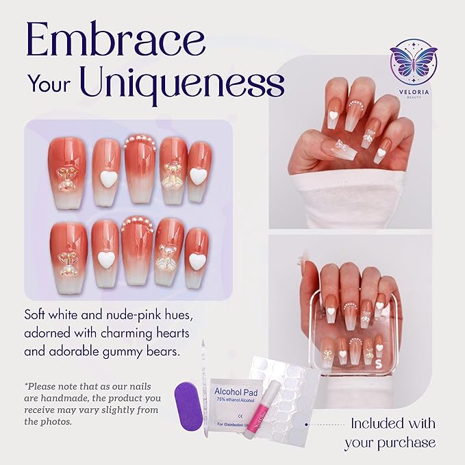 3D Handmade Press On Nails, Long White & Nude Pink Coffin Shaped w/Rhinestones, Hearts & Gummy Bears, Acrylic, Gel, Reuseable Kit, For Women Daily Wear Special Occasion (Beary Sweet)
