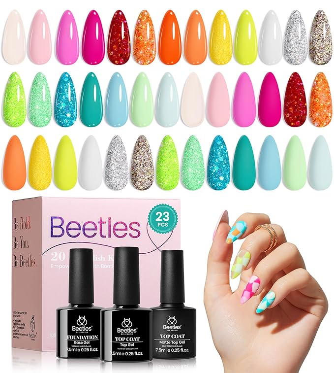 Beetles Spring Gel Nail Polish Set - 20 Colors Pastel Neon Hot Pink Glitter Yellow Orange Blue Gel Nail Polish Kit Base Glossy & Matte Top Coat Rainbow Nail Gift for Women Diva of Divas
