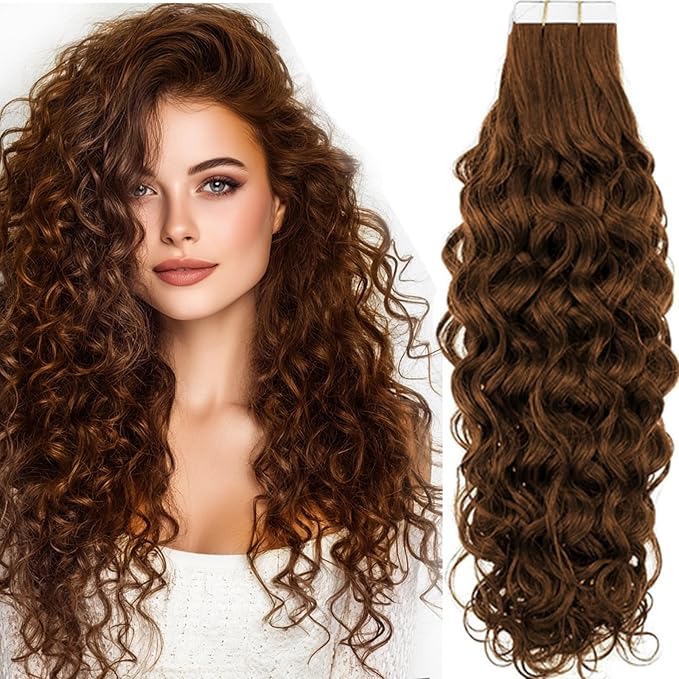 RUNATURE Curly Tape ins Human Hair Extensions 14 Inch Medium Borwn Tape in Hair Extensions Human Hair Curly Skin Weft Curly Hair Tape in Extensions for Women Natural Wave Double Sided 50g 20pcs