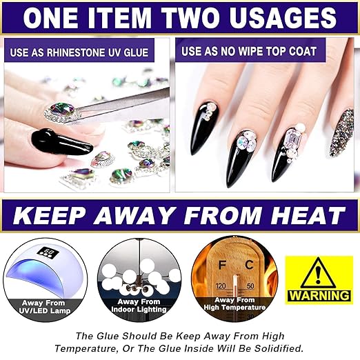 Nail Art 8mlx2 NO WIPE Rhinestone Glue Gel (LED Light Cure Needed) with Cosmetic Pencils Adhesive Gem Jewelry Diamond Beads Stone Gel Nail Polish Clear With 3 Brushes Tools + Pickup Pen + Tweezer