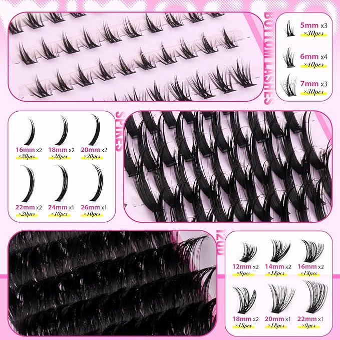 wiwoseo Spiky Lash Clusters with Bottom Lash Clusters Kit Salon Volume Lash Spikes Cluster Eyelash Extensions Kit 26MM Long Eyelash Clusters Spiky Manga Lashes Clusters with Clear Bond and Seal