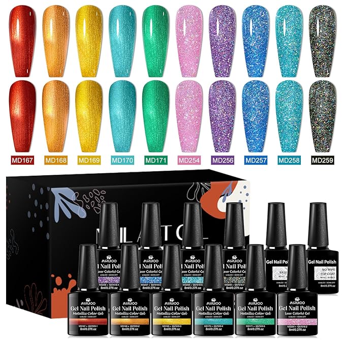 12Pcs Metallic Gel Nail Polish + Reflective Glitter Gel Polish Red Orange Pink Blue Green Neon Nail Polish Gel for Home Salon DIY Manicure Gift