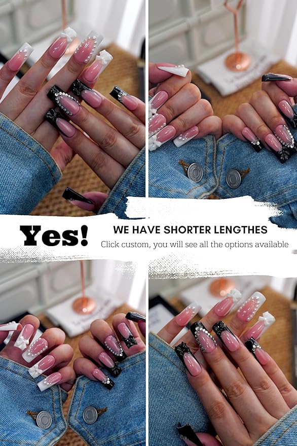 Black and Pink Press On Nails – 10PCS Glossy Fake Nails with Pearls, Rhinestones & 3D Bow Charms, Reusable Elegant Coffin Nails for Women and Girls – Euphrosyne