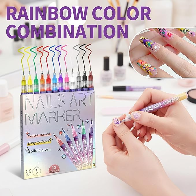 12 Colors Nails Art Pens Set,Nails Art Markers for Kids,Nails Art Markers Polish Pen for 3D Nails Art,DIY Nails Art Marker Drawing Painting Liner Pen,Portable Nails Art Tools(B-2 Sets)