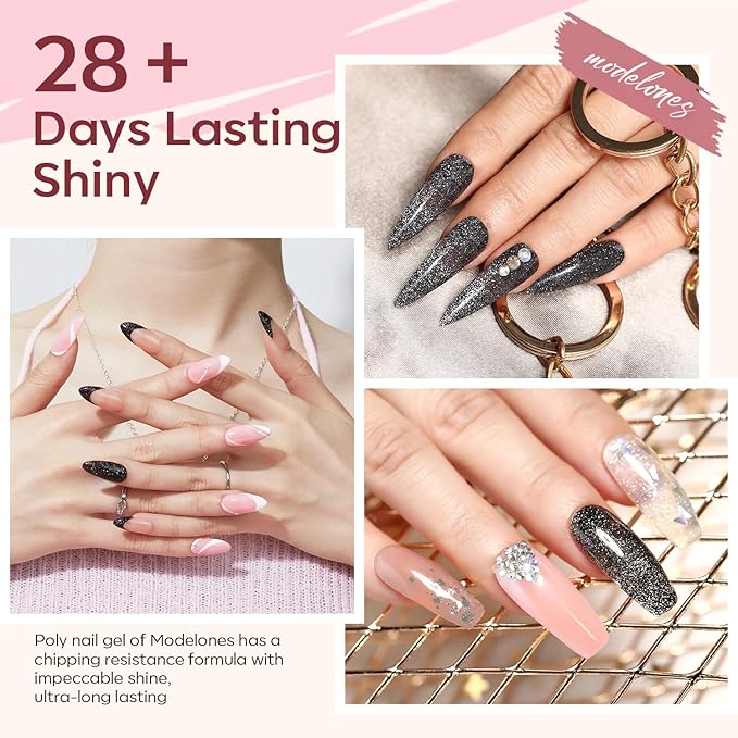 modelones Poly Gel Nail Kit 6 Colors with 8 W Nail Lamp Poly Extension Gel Clear Nude Pink Black Glitter Complete Starter Kit for Beginner DIY Salon Quality Manicures
