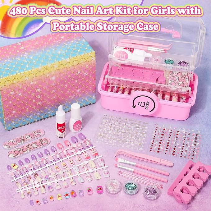 480 Pcs Kids Nails and Glue, Girls Press ons Nail Art Kit with Storage Case, Fake Nails Adhesive, Remover, Stickers, Glitter Cute Stuff Gift for Girls 8-12