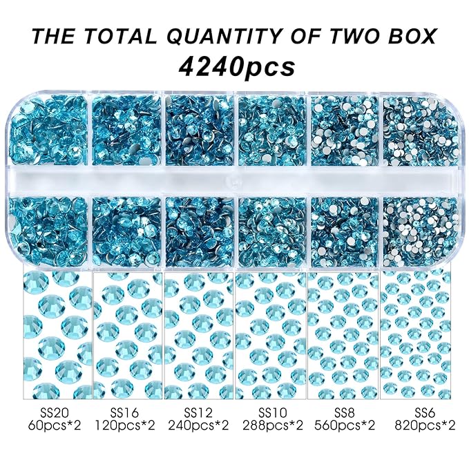 4240Pcs Aquamarine Flatback Rhinestones 6 Sizes Crystal Diamonds for Nail Art Crafts Clothes Shoes with Tweezers and Picking Pen