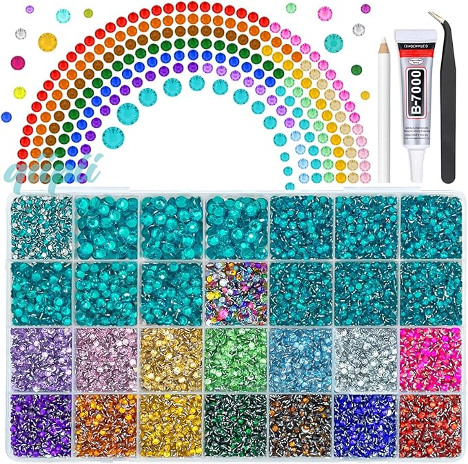 28 Grids Teal Blue 2-6mm Resin Rhinestones w B7000 Glue for Bedazzling Crafting Colorful Flatback Stones Diamonds Crystals Gems Bedazzler Kit for Nails Face Eyes Makeup Tumblers Bottles Crafts