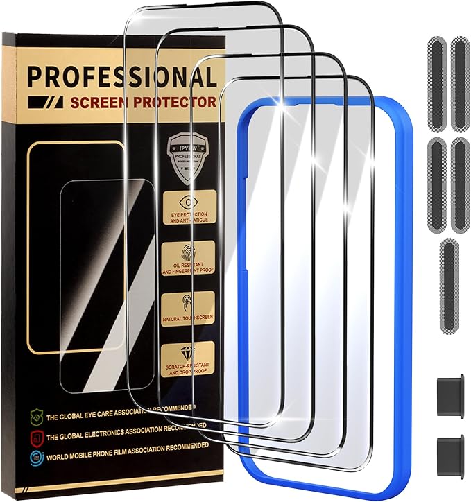 4 Pack for iPhone 14 Pro Screen Protector, Military-Grade Shatterproof, 9H Hardness, Full Coverage Tempered Glass with Install Frame
