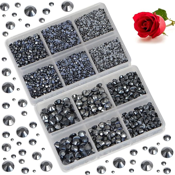 Bymitel Hotfix Crystal Rhinestones Round Gems for Crafts,Mixed 6 Sizes with Wax Pencil Kit, Jet Hematite 1.6-6.3mm SS4-SS30/8000pcs