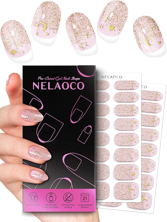 Nail Polish Strips – 32PCS UV Free Salon Quality Wraps, Long Lasting Gel Nail Stickers for Women (Golden Moonlight Notes)