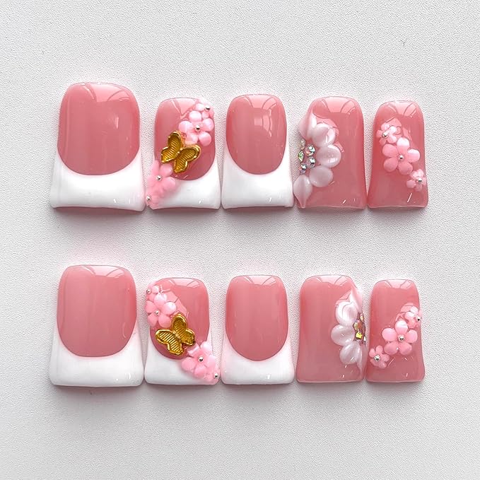 French Tip Press on Nails Handmade Short Duck 3D Floral Thick Acrylic Nails White False Nails with Flower Butterfly Designs Elegant Glossy Fake Nail Sturdy Art Wedding Press on Nail 10Pcs(S)