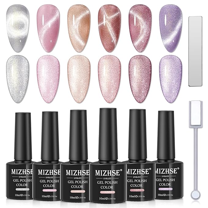 MIZHSE Cat Eye Gel Nail Polish, 3 in 1 Rubber Base Gel Magnetic Nail Polish, No Need Base Coat 6 Colors 10ml Holographic Glitter Velvet Cateye Polish with 2 Magnets Soak Off Nail Art Gift for Women