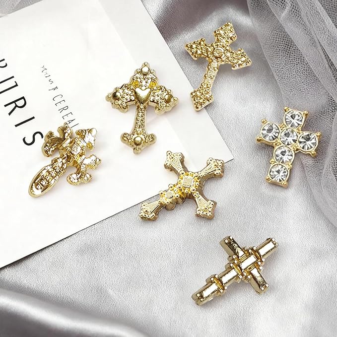 3D Alloy Metal Crystal Cross Nail Charms - 60 Pcs Ideal for Women and Girls' DIY Punk Nail Art, with Rhinestones, Great for Salons & Fashion Events (60, Golden)