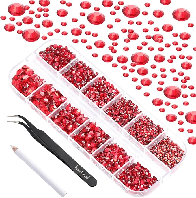 Beadsland Rhinestones for Makeup,8 Sizes 2500pcs Red Flatback Rhinestones Eye Gems for Nails Crafts with Tweezers and Wax Pencil,Siam,SS4-SS30