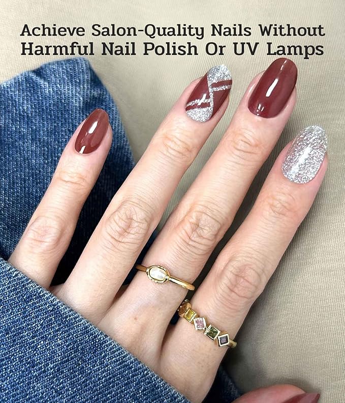 Nail Polish Strips (No UV Lamp Needed) - 22 Pcs Salon Quality Gel Nail Stickers - Long Lasting Wraps (Silvered Wine)