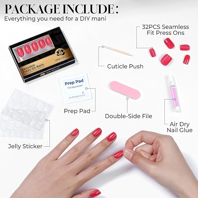 UNA GELLA Soft Gel Press on Nails - 16 Sizes Red Short Square Glue on Nails, 32Pcs Reusable Red Solid Color False Nails with Glue, Full Cover Acrylic Nail Kit for Women DIY Home Manicure