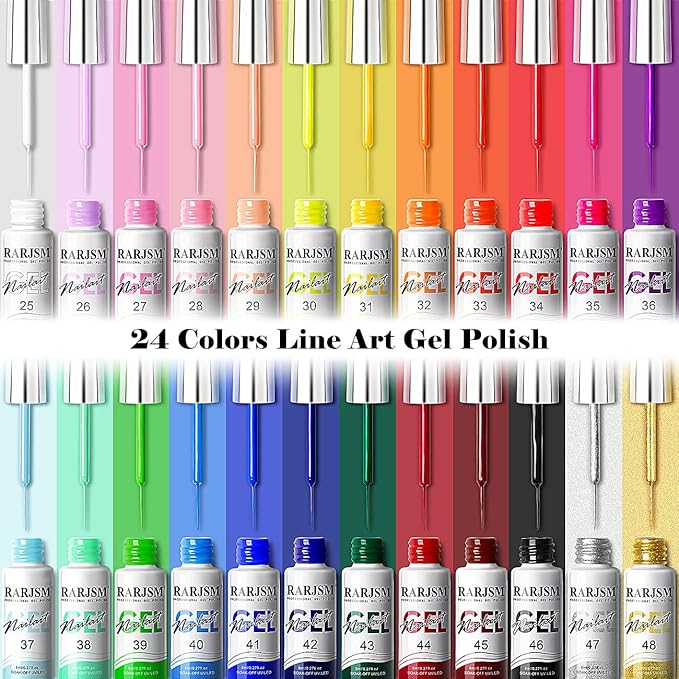 RARJSM Nail Art Gel Liner 24 Color Line Art Painted Gel Nail Polish Set Pink Blue Green Silver Gold Glitter for Nails Painting Drawing Soak Off U V L E D Curing Requires Bulid in Thin Nailart Brush