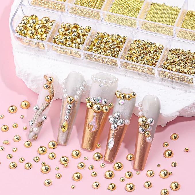 Gold Nail Charms Caviar Beads for Nails, 1.5-5mm Half Round Flatback Nail Pearls 0.7-2mm Gold Beads with Pickup Tools for Nails Face Eyes Makeup (32-K1-5)