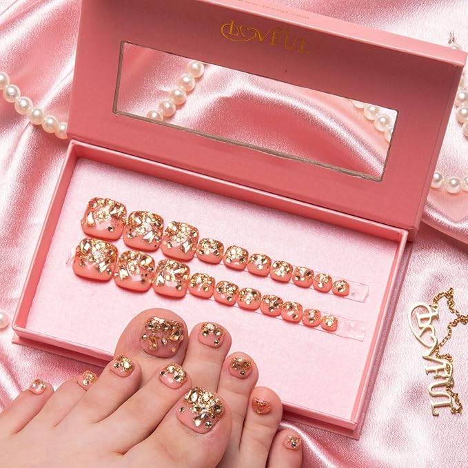 LOVFUL Press on Toenails Golden Glitter | 20 PCS Free Size Toe Nails | Reusable Fake Nails for Toe | T84