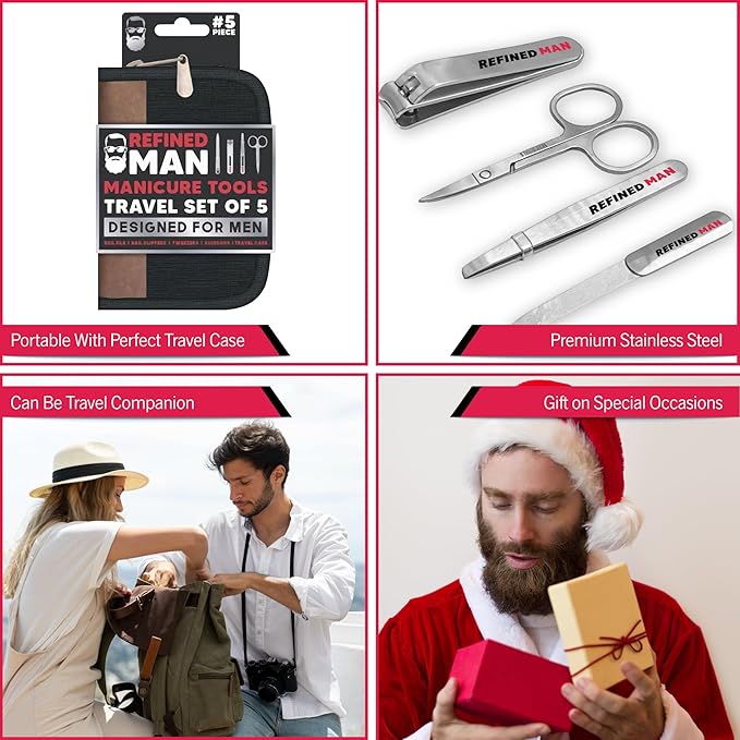 BLKSMITH Refined Man Manicure and Pedicure Kit Set of 5 - Manicure Kit for Men - Nail Clipper Kit with Nail File, Clippers, Scissors, Tweezer & Travel Case - Designed for Men (Black)