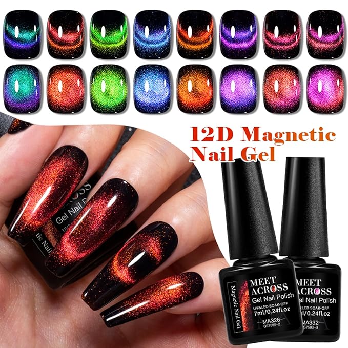 MEET ACROSS Magnetic Cat Eye Gel Nail Polish - Long-Lasting, High-Shine, 12D Holographic Glitter Effect, Soak-Off, Easy to Apply and Remove, 8 Vibrant Colors Optional for Nail Art Manicure