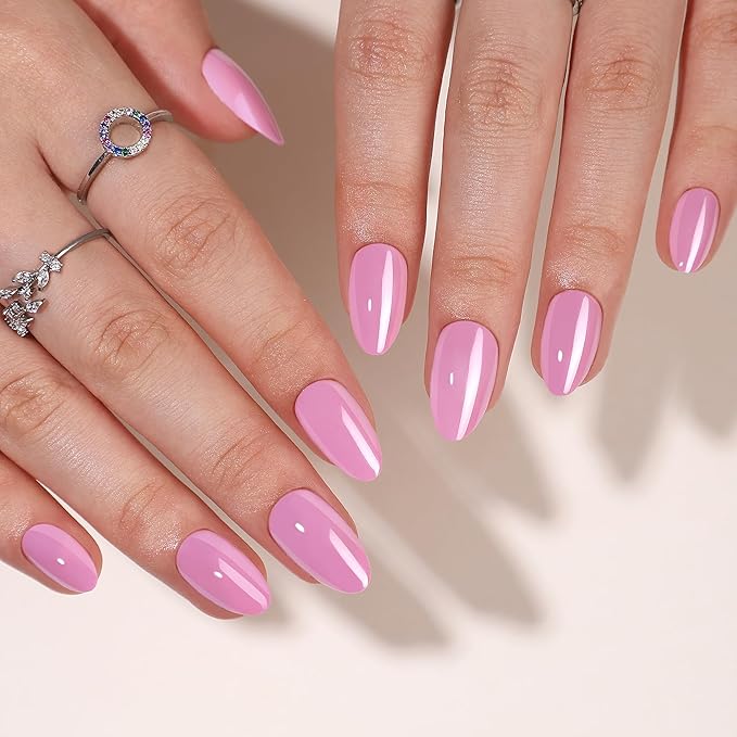 Gel Press On Nails - Pink Almond Short Fake Nails With Glue, 16 Sizes, 32Pcs Reusable Soft Gel False Tips Kit