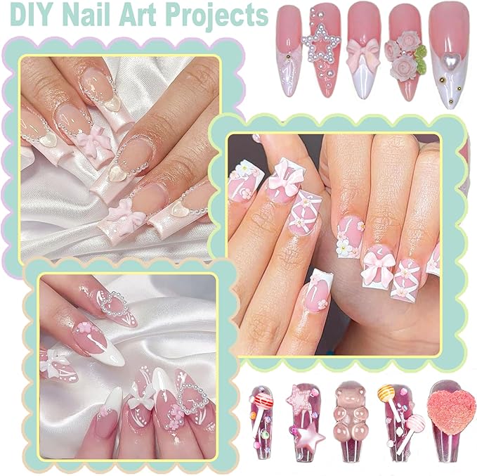 3D Nail Charms and Gems Kit Pink Cute Assorted Candy lollipop Gummy Bear Star Nail Charms with Picker Tools Kawaii Nail Art Charms for Nails Design Supplies Junk Cases DIY Decor Accessories