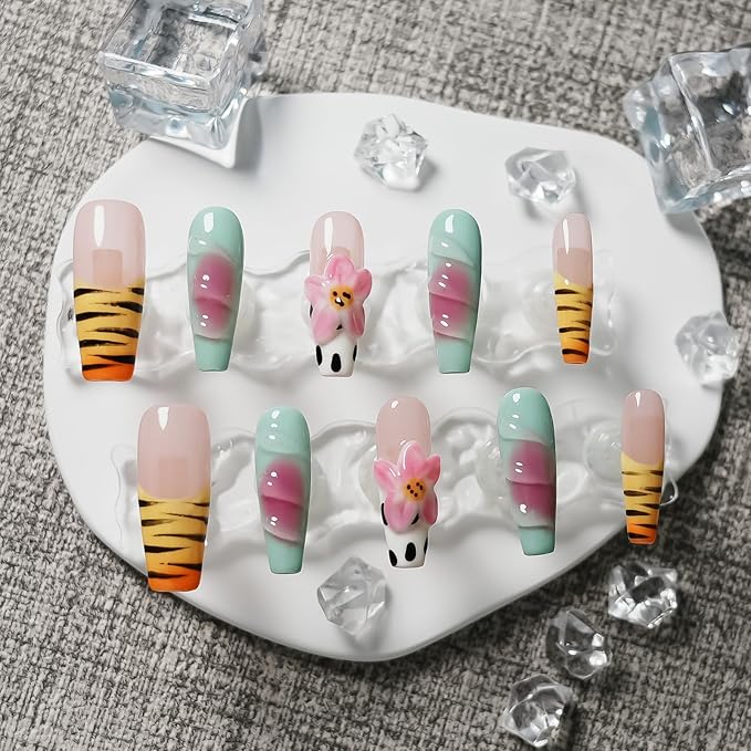 3D Floral French Tip Long Coffin Press On Nails, Zebra Print with Handmade Lotus Flower Glossy Acrylic Nails Full Cover Stick on Nails for Women (Playful Zebra with Lotus,S)