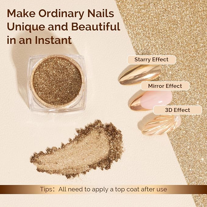 MelodySusie Champagne Gold Chrome Nail Powder for Gel Nails,Metallic Mirror Effect Pigment Stylish and Technological Fine Glitter for Home DIY Salon Use