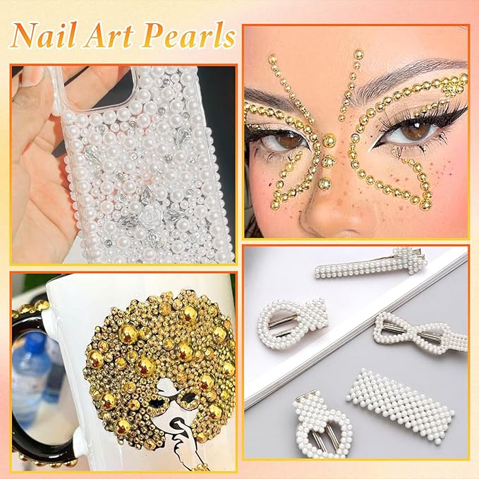Caviar Beads for Nails, Gold White Pearls Nail Beads Charms, Mix Size Nail Caviar Beads Half Flatback Pearls for Nail, Nail Beads Charms for Nails Design DIY Crafts Accessories