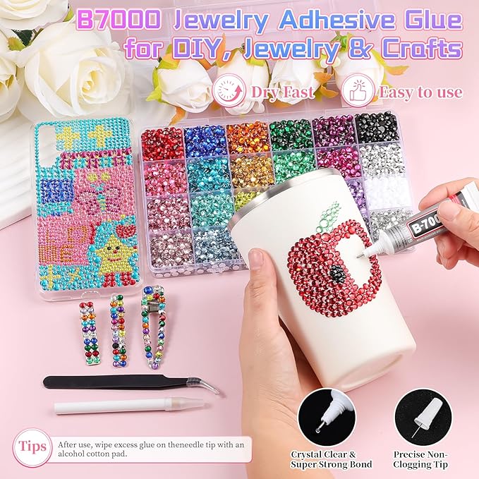 7900Pcs 5mm Resin Rhinestones for Bedazzling, Pink Red Black Flatback Gems for Crafting, Bedazzler Kit with Rhinestones Tools & B7000 Jewelry Glue for DIY Clothing Shoes Tumblers Fabric Mugs Bags