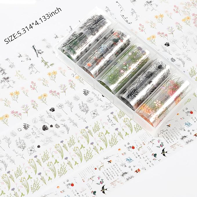 DANNEASY 15 Rolls Nail Art Foil Transfer, Landscape Painting Nail Foil Wraps Bamboo, Flowers, Cranes, Plum Blossoms Stickers Starry Sky Holographic Nail Foils for Women Nails Supplies