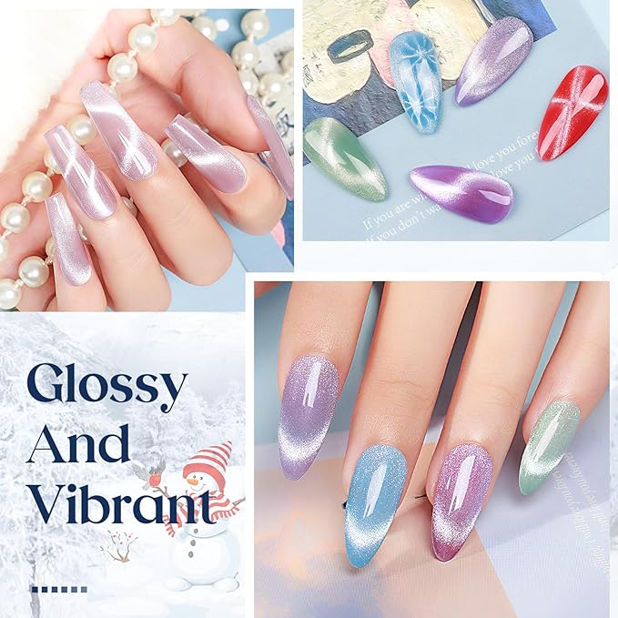 MIZHSE Cat Eye Gel Nail Polish, 8 Colors Velvet Magnetic Gel Polish Kit with Magnet Stick, Holographic Glitter Smoothie Winter Colors Silver Purple Pink Soak Off Nail Art Salon Home Manicure Gift