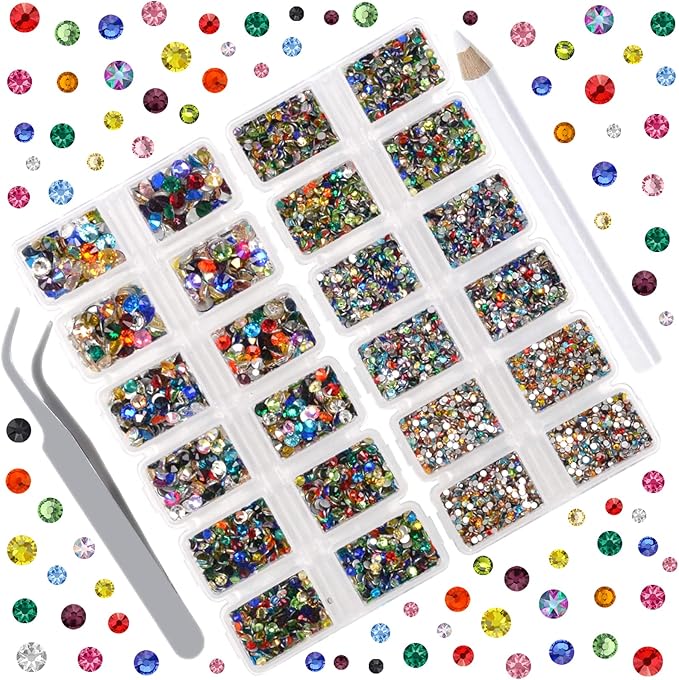 10000 Pieces Rhinestones 6 Sizes Round Crystal Glass Flat Back Rhinestones with 1Tweezers and 1Picking Pen for Nail Art Crafts Clothes Bags DIY (Mixed Color)