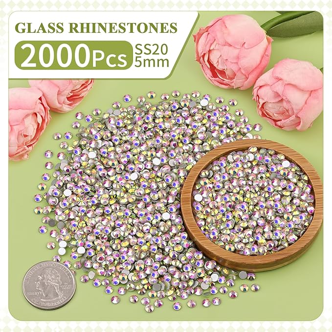 2000PCS SS20/5mm Crystal Rhinestones (Crystal AB) with 2Pcs 10ml B7000 Jewelry Glue, Bedazzling Flatback Glass Rhinestones for Crafting, Gems Diomand Charms for Tumbler Shoes Clothing Mugs Nail Art