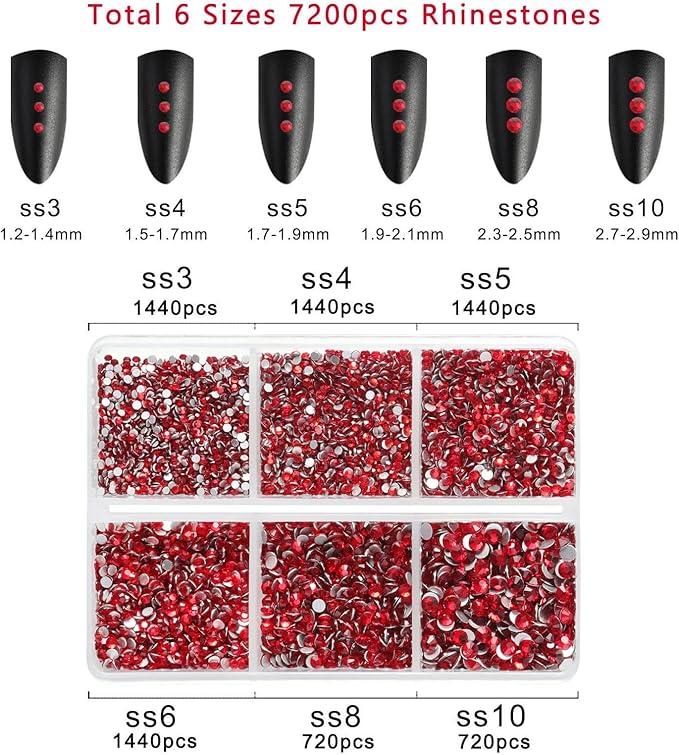Beadsland 7200pcs Flatback Rhinestones,Red Rhinestone Nail Gems Round Crystal Rhinestones for Crafts,Mixed 6 Sizes with Wax Pencil Kit, SS3-SS10,Siam