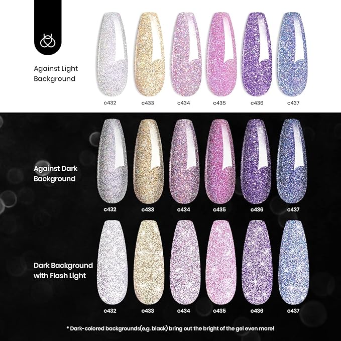 Beetles Reflective Glitter Gel Nail Polish Kit Gel Polish 6 Colors Holographic Sparkle Flash Dimond Sliver Gold Soak Off UV LED Manicure Gift for Women Girls Midnight Sparkling