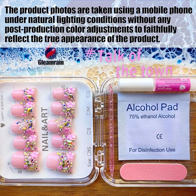 Pink Press on Nails Handmade Duck Fake Nails Pink with Rhinestones and 3d Butterfly and Flower Design Elegant for Women 10pcs M Size Pattern 1104