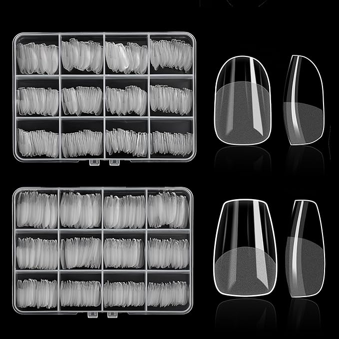 480PCS Nail Tips Clear False Nails Full Cover for Acrylic Fake Nails Kit 12 Sizes 2 Shapes Short Coffin Round Pre-Shape for Salon Home DIY Gifts